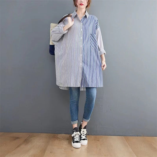 Casual Striped Patchwork Long Sleeve Long Shirt Top