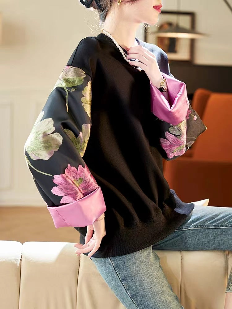 Loose Round Neck Patchwork Floral Sweatshirt