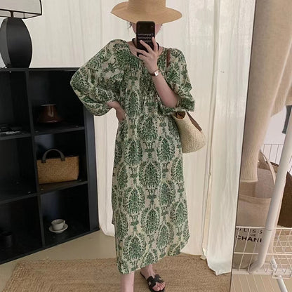 Casual round neck floral lantern sleeve dress