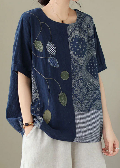 Casual Embroidered Printed Patchwork Cotton T-Shirt Top