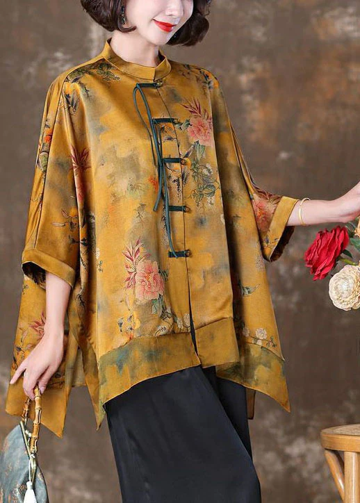 Elegant Stand Collar Oversized Patchwork Printed Silk Blouse Batwing Sleeve Top