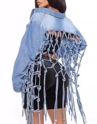 Denim Mesh Fringe Long Sleeve Jacket