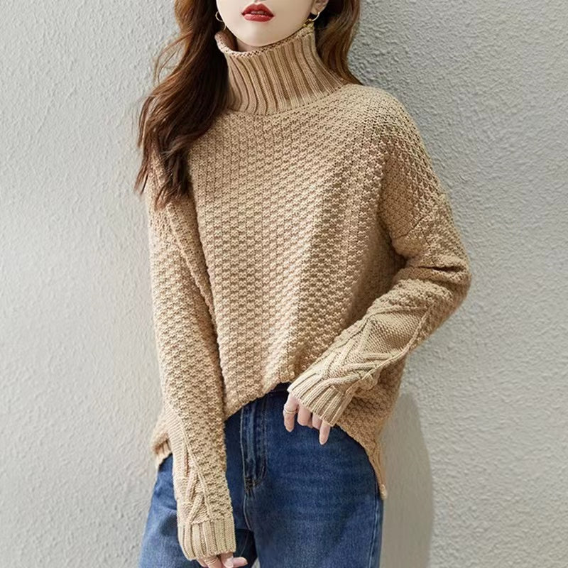 Loose high neck patchwork knit cotton sweater