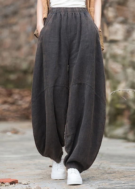 Quilted linen pants with loose pockets and elasticized waist