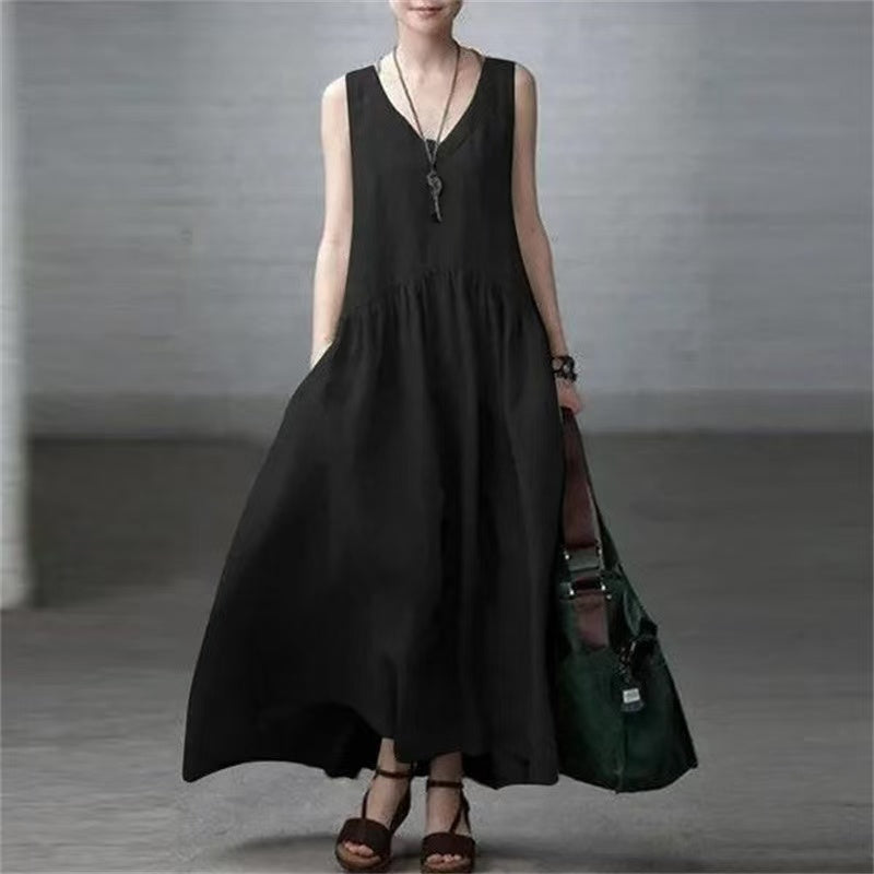 Loose V-neck cotton linen sleeveless dress