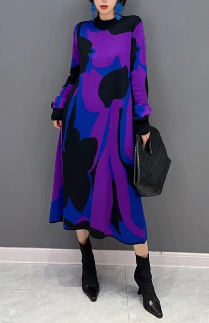 Artistic patterned colorful turtleneck printed knit dress