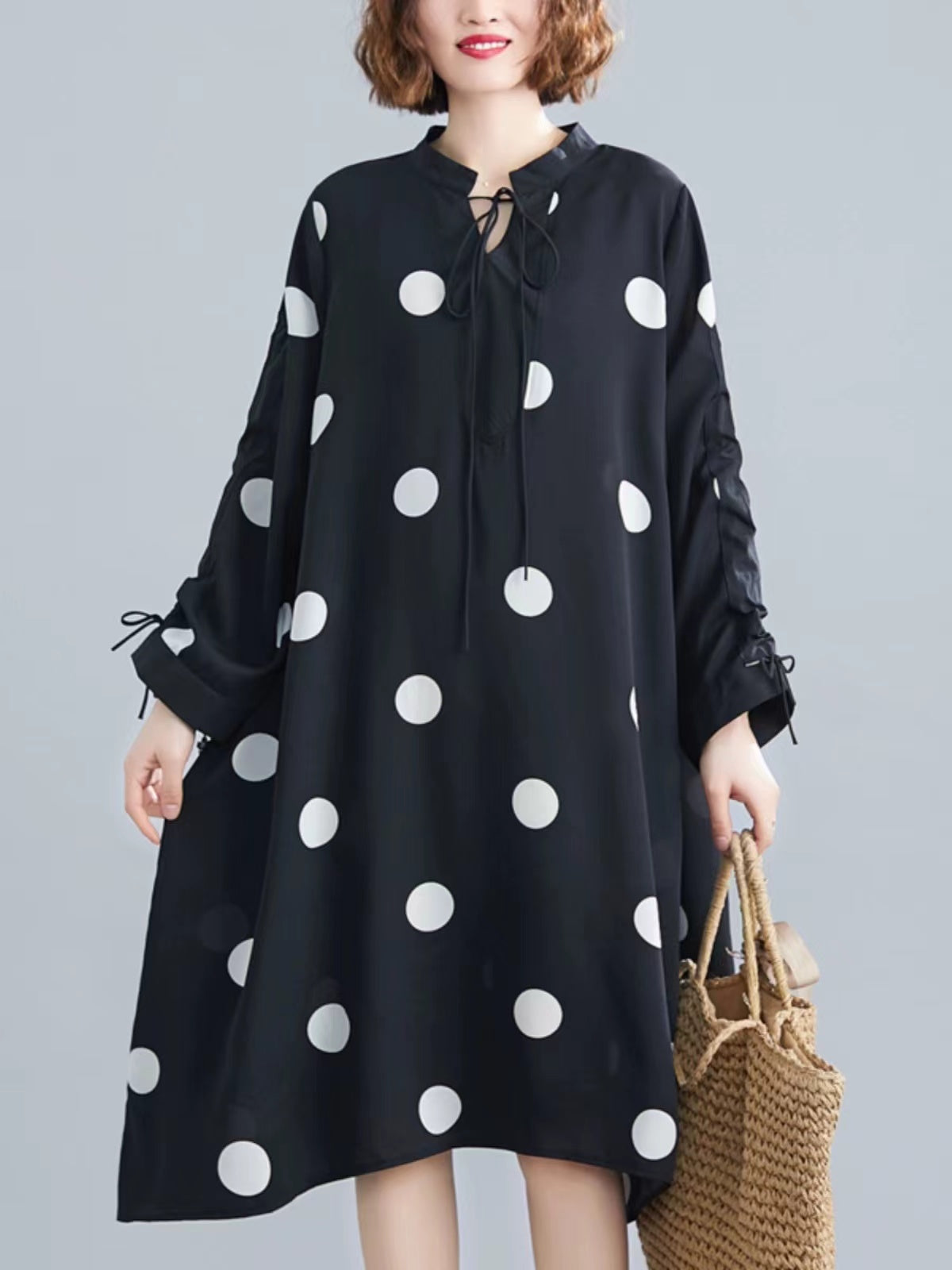 Plus Size Stand Up Neck Printed Polka Dot Tie Long Sleeve Dress