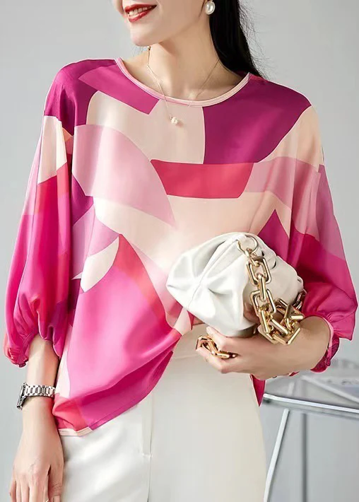 Elegant Round Neck Printed Button Silk Blouse Top