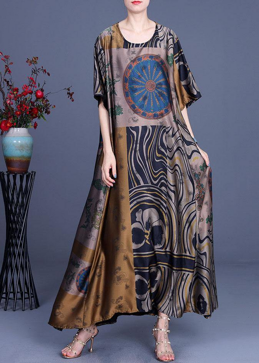 French Printed Silk O-Neck Long Dress