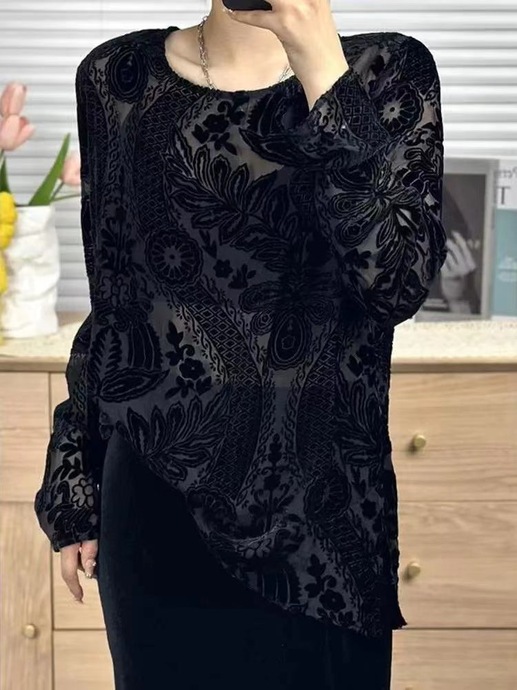 Women's Round Neck Lace Long Sleeve Top