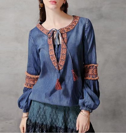 Vintage Tie Embroidered Lantern Sleeve Blouse Top