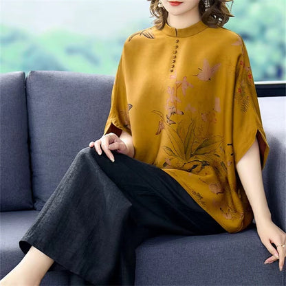 Elegant Standing Collar Printed Silk Blouse Top