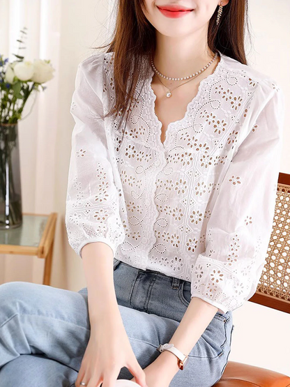 Elegant V-Neck Embroidered Hollow Out Lace Blouse Top