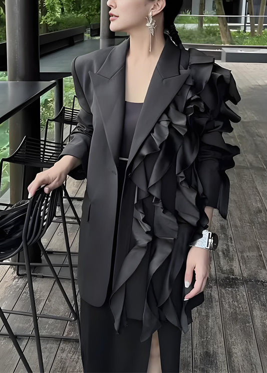 Women's French Black Asymmetric Ruffle Long Sleeve Jacket