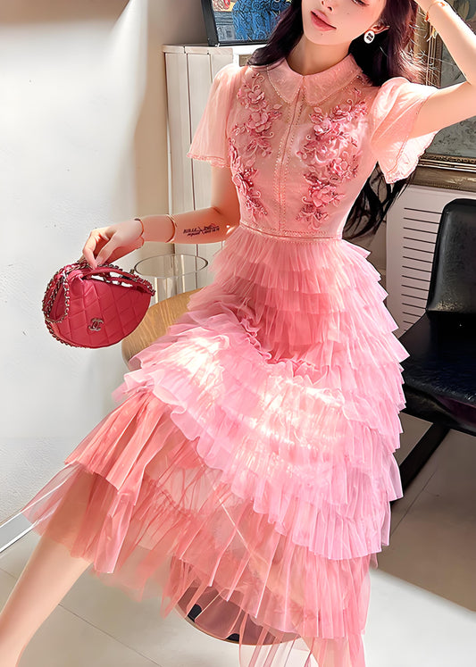 Italian Pink Embroidered Ruffle Patchwork Tulle Dress