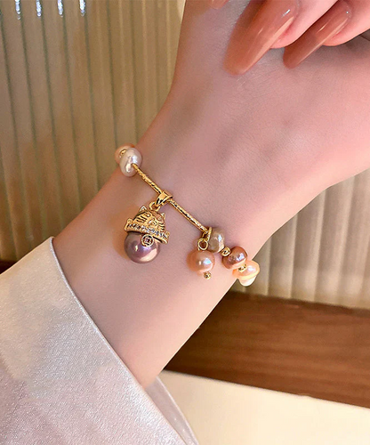 Women's Gold Copper Zirconia Pearl Fortune Cat Bracelet