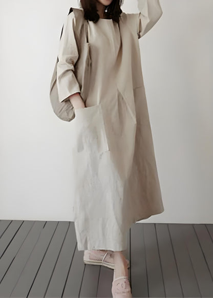 Women's Beige Linen Robe Pocket Dress Spring Summer