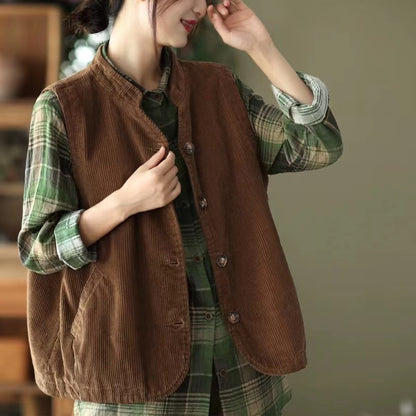 Collar Button Pocket Corduroy Vest Top