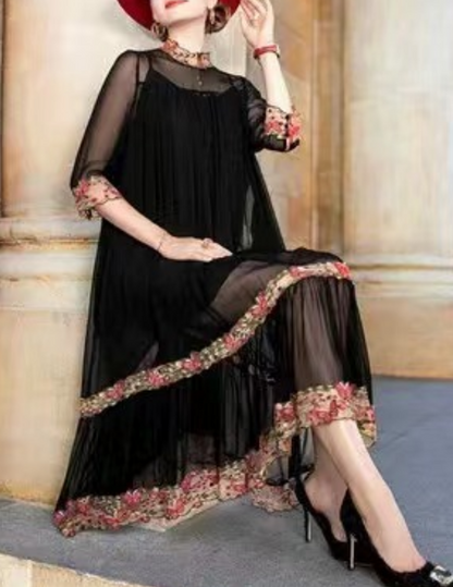 Elegant patchwork see-through hem silk dress