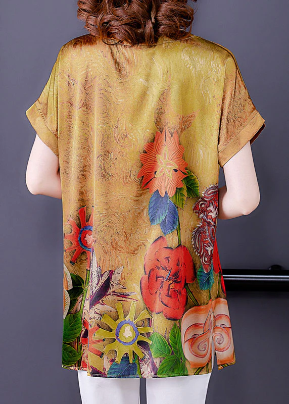 Elegant V-Neck Design Printed Side Split Silk Short Sleeve Top