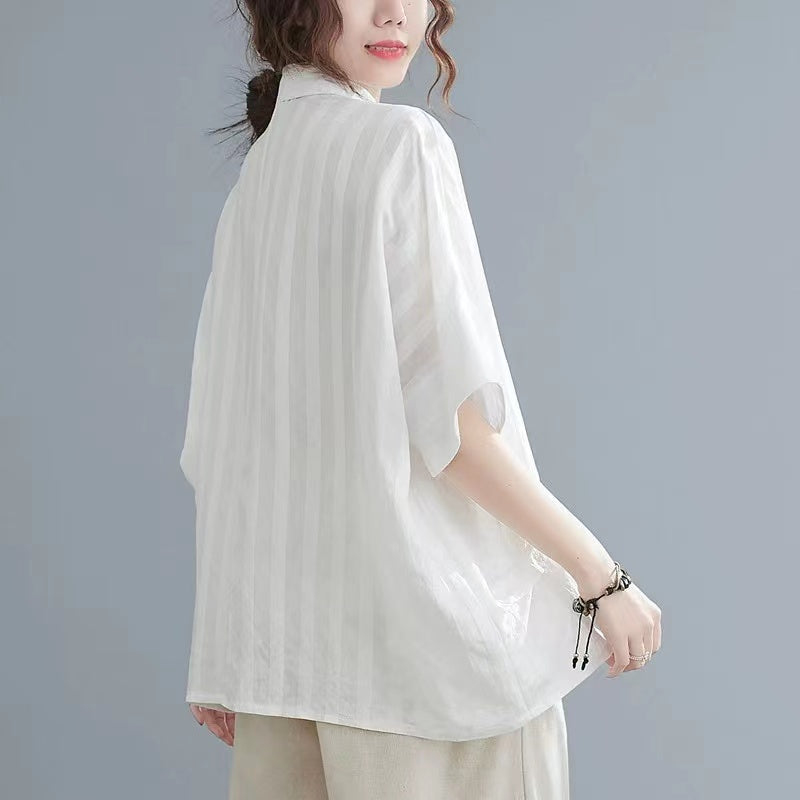 Casual Lapel Stand Collar Linen Shirt Batwing Sleeve Top