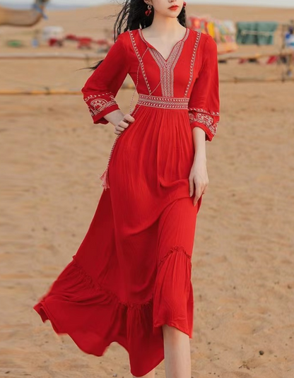 Bohemian Embroidered Strappy Beach Ruffle Dress