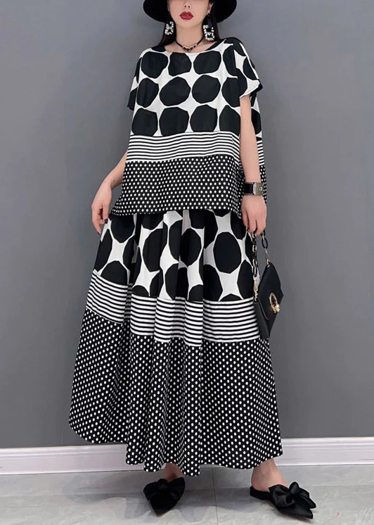 Loose O-neck polka dot print chiffon top and skirt two-piece set