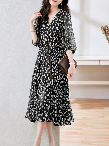 French Floral Wrap Waist Color Clash Short Sleeve Dress