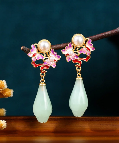 Fashion Gold Pearl Jade Butterfly Flower Earrings