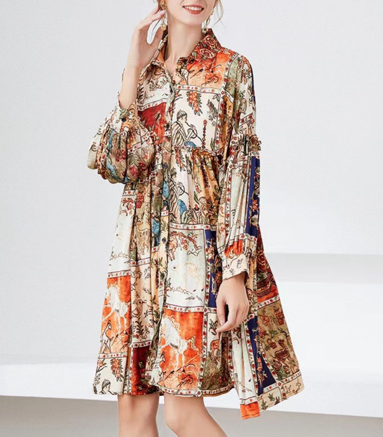 Elegant Printed Lapel Long Sleeve Cardigan Dress