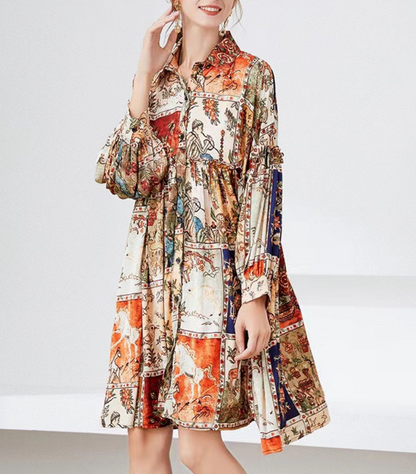 Elegant Printed Lapel Long Sleeve Cardigan Dress