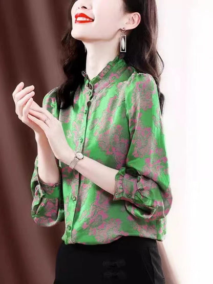 Elegant Silk Printed Wooden Trim Blouse Top