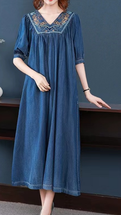 Elegant V-Neck Embroidered Pleated Short Sleeve Denim Dress