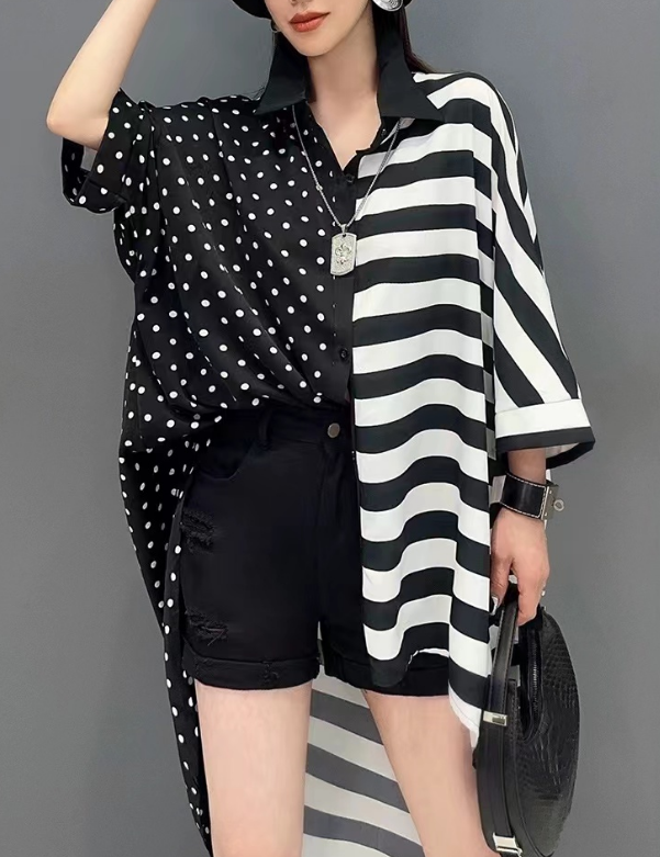 Black And White Patchwork Striped Asymmetric Shirt Top