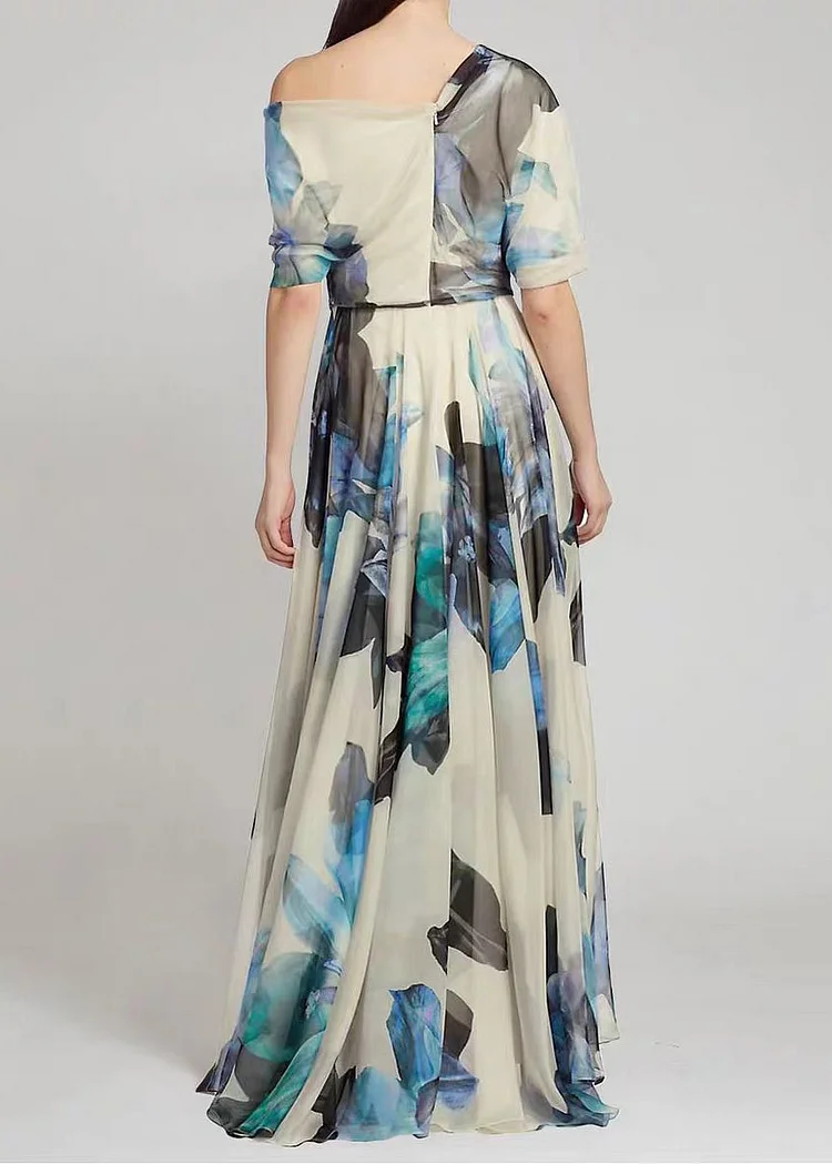 Elegant Asymmetric Printed Chiffon Long Dress