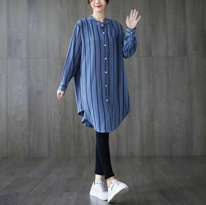 Casual Standing Collar Long Sleeve Shirt Long Top