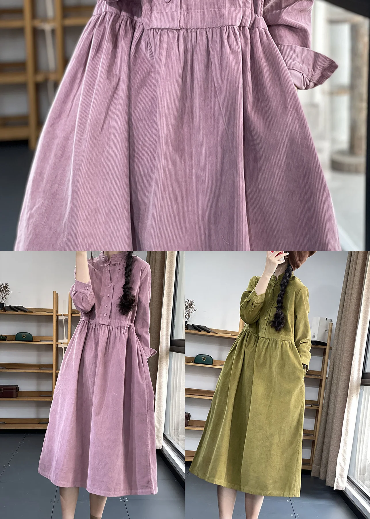 Italian Collar Patchwork Corduroy Dress