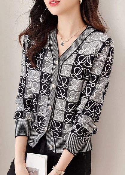 Elegant V-Neck Button Patchwork Long Sleeve Knit Top