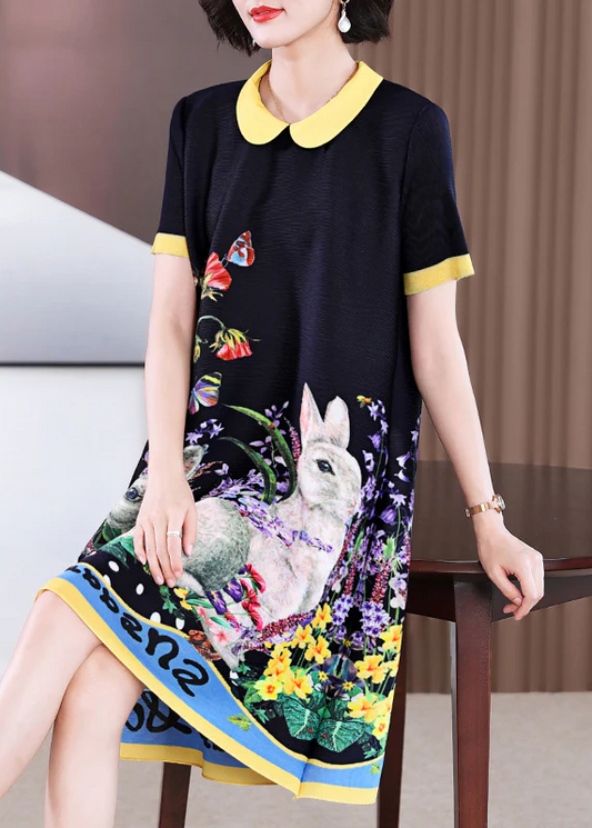 Colorblocked Round Neck Printed Long Short Sleeve Dress