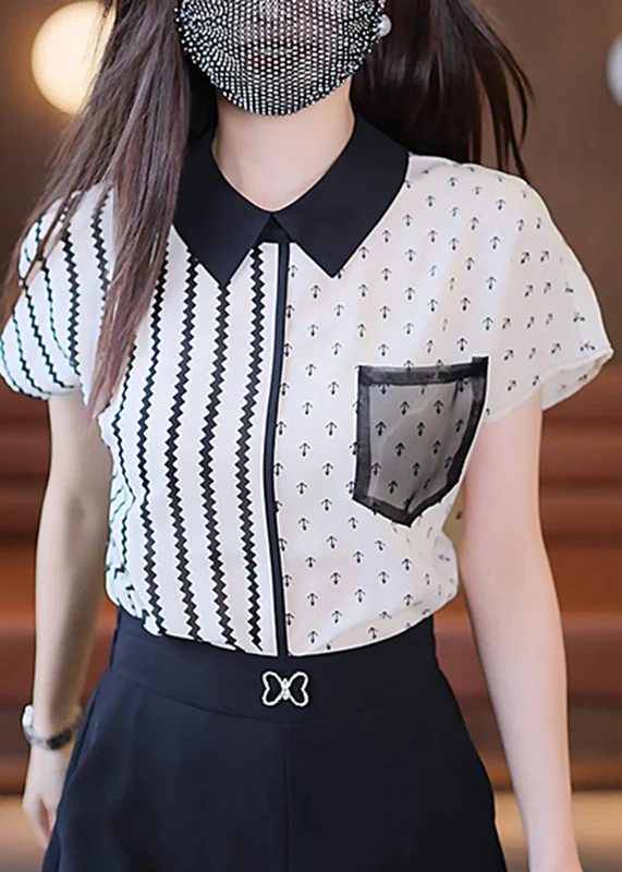 Stylish Striped Patchwork Shirt Short Sleeve Top