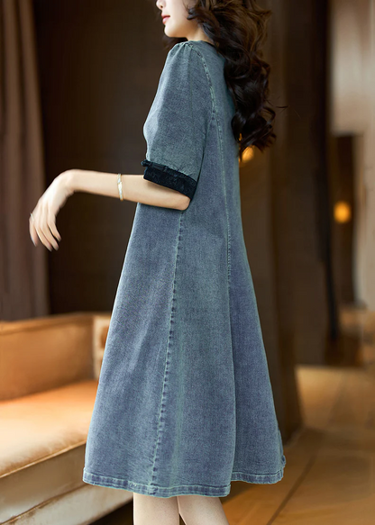 Elegant Round Neck Button Patchwork Denim Short Sleeve Dress