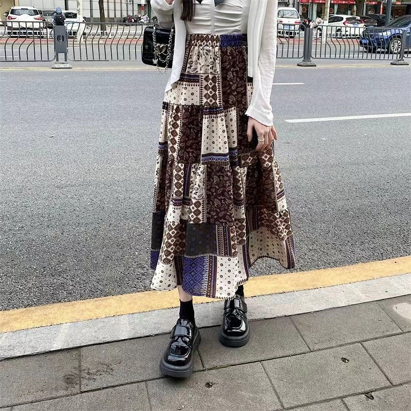 Vintage geometric print elastic waist skirt