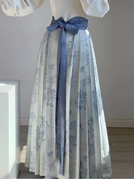 Elegant Printed Color Clash Tie Pleated Skirt