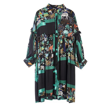 Elegant Printed Lapel Long Sleeve Cardigan Dress