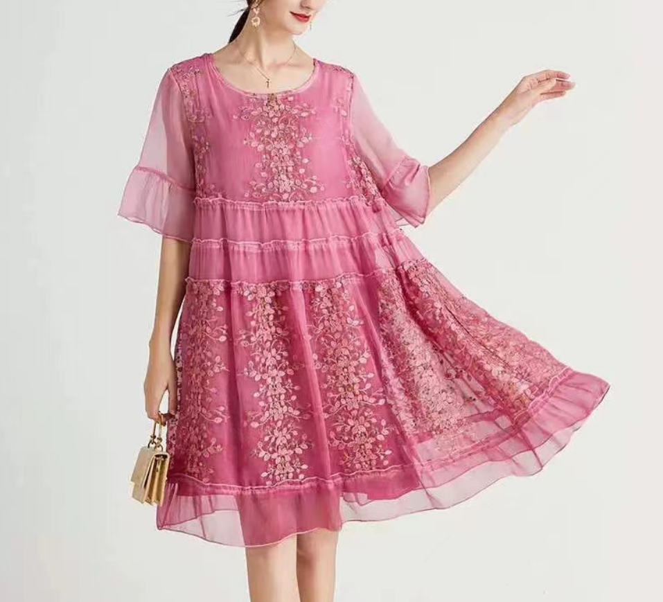 Embroidered O Neck Flared Sleeve Short Sleeve Dress