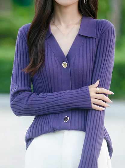 Women's Classic Lapel Ribbed Knit Cardigan Fall