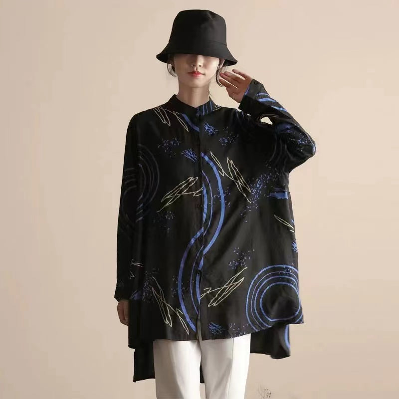 Elegant Geometric Colour Clash Asymmetric Long Sleeve Shirt Top