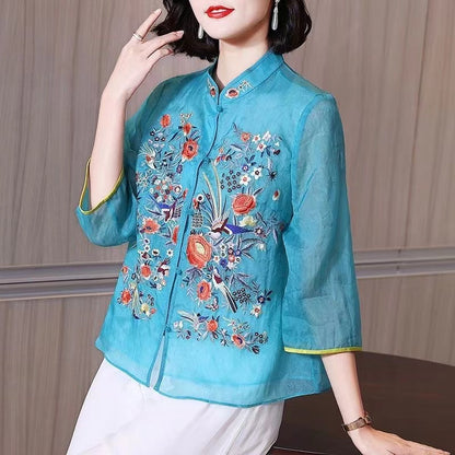 Fashion Floral Standing Collar Color Clash Cardigan Shirt Top