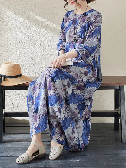 Round Neck Printed Long Sleeve Long Dresses