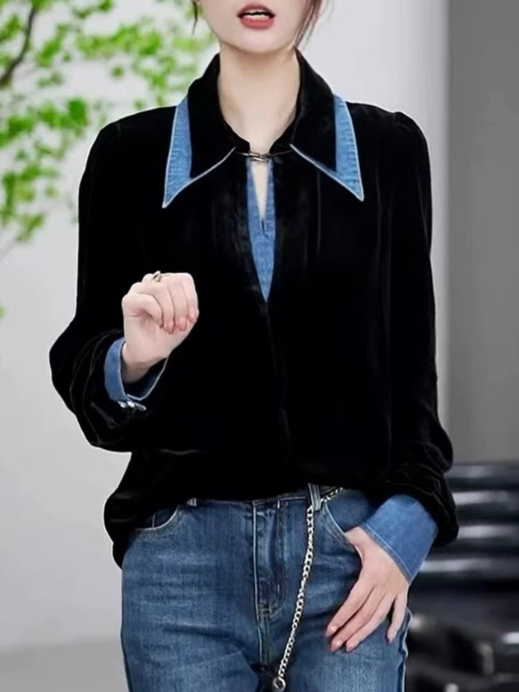 Elegant Denim Patchwork Velvet Blouse Top